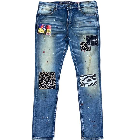 NEW DAMATI men's paint splatter milan denim jean in medium blue - Picture 1 of 2
